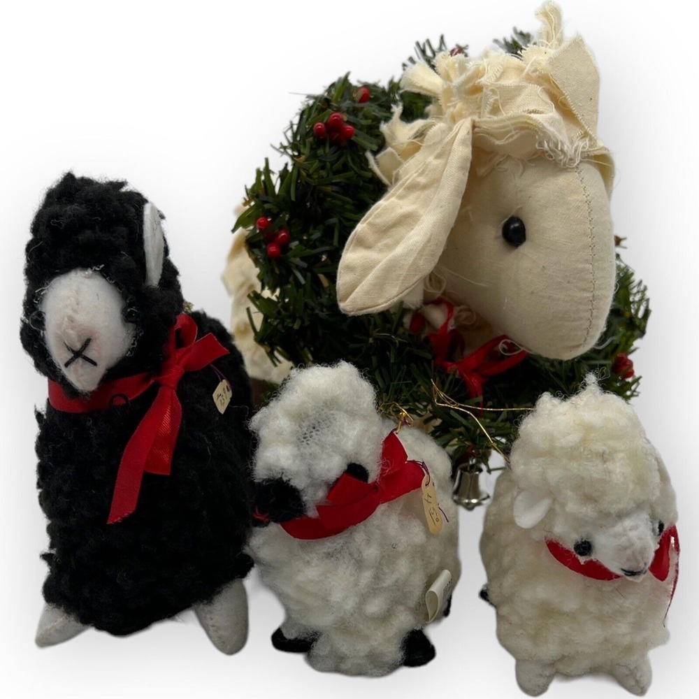 Stuffed Rag Cotton Sheep Lamb Figure Plus Christmas Decor New! + 3 Sheep Friends